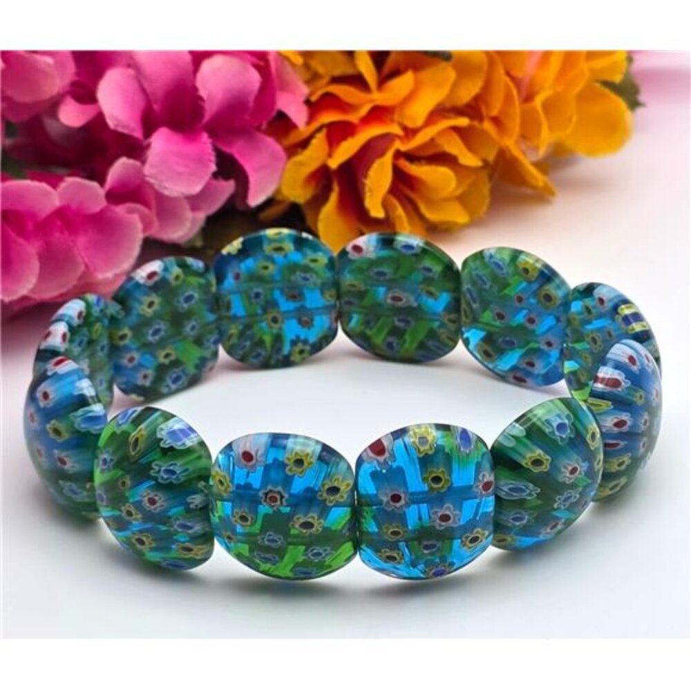 Murano Glass Millefiori Stretch Bracelet 8" Blue Green Floral 21mm Beads Vintage